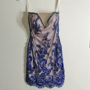 Blue and Cream Primavera Couture Dress with Mesh and Embellished Fabric